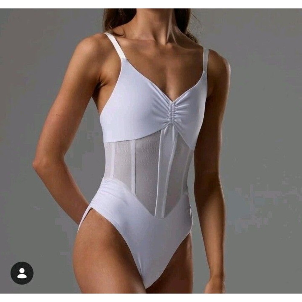 NEW BODILE Yasmina White Sheer Cinched Dance Ballet Leotard Large/XL Corset
